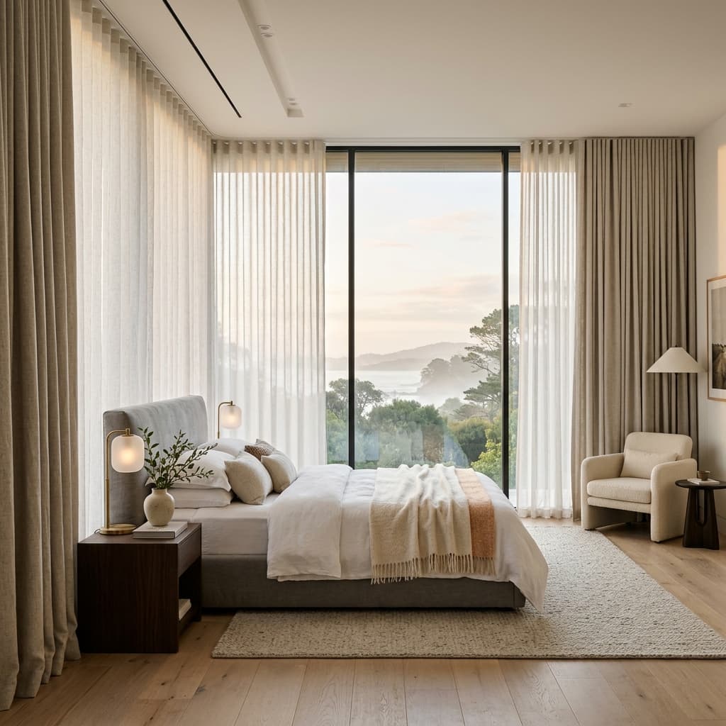 A quiet bedroom, dressed in layered curtains, looking out over a misty coastline at dawn